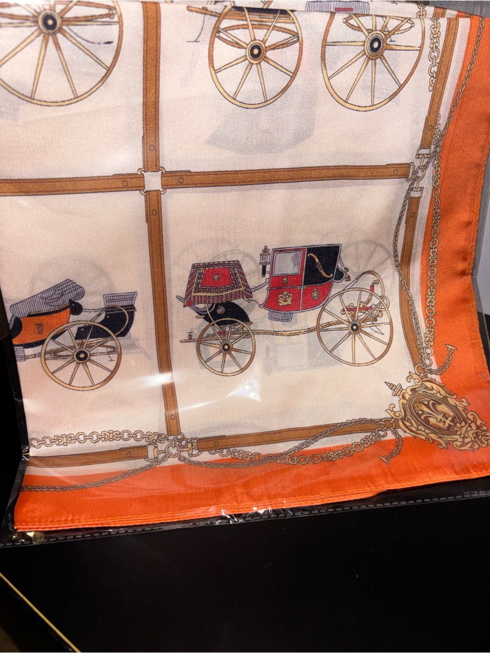 Silk Scarf with Carriage Motif in Orange and Cream